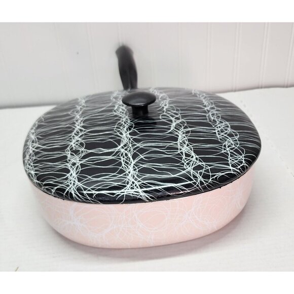 1950's Vintage Serendipity Spaghetti String Pink & Black Abstract Enamel Skillet - Picture 2 of 16